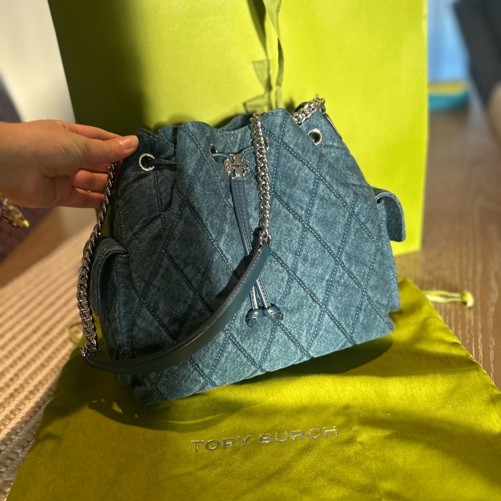 Tory Burch Quilted Denim Drawstring Bucket Bag in Blue Denim